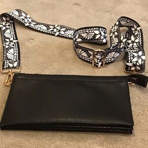 Black Leather Women's Bag with Patterned Strap